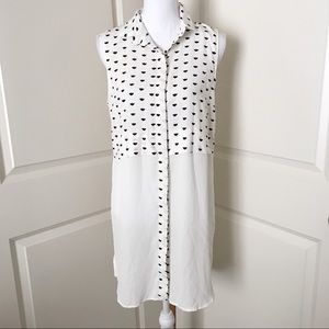 Mango White Sleeveless Button-Down Shirt with Black Heart Print